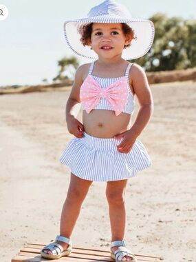 Ruffle Butts Periwinkle Blue Seersucker Bow Skirted Bikini size 2